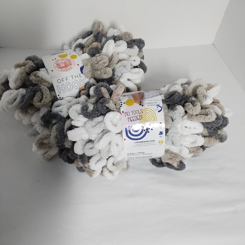 Lion Brand Off The Hook Loop Yarn 2 Skeins White Grey Tan No Tools Needed